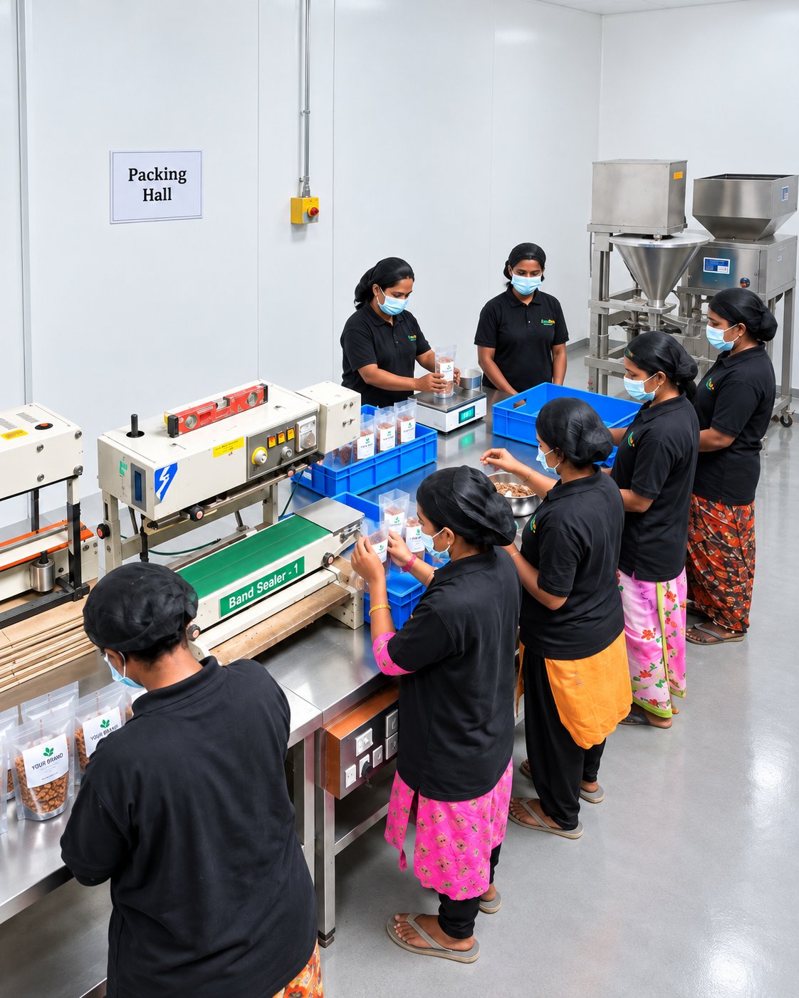 Packing hall at Even More Foods — staff weighing and sealing branded private-label pouches
