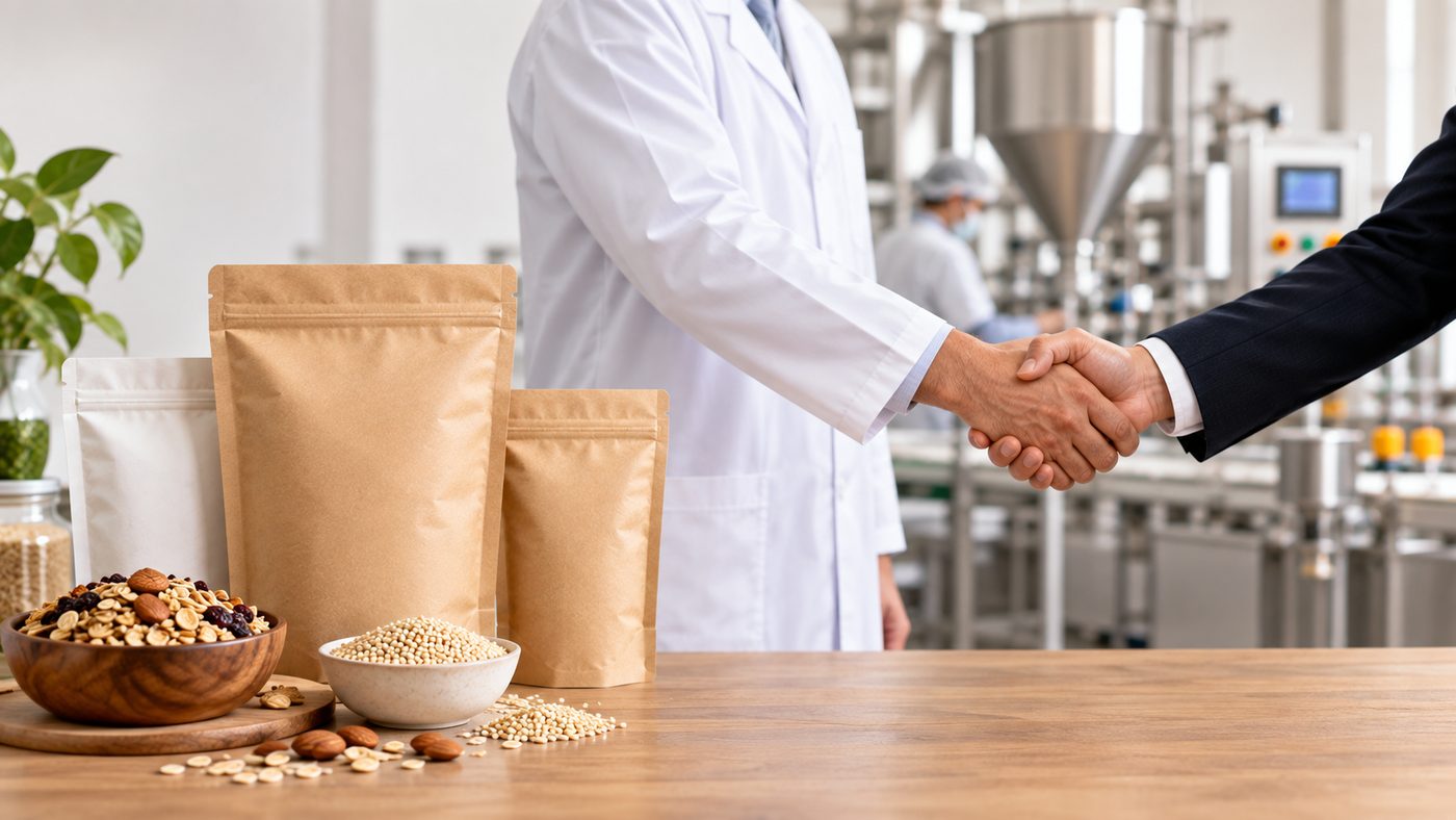 A food technologist and a business partner shaking hands in a manufacturing facility