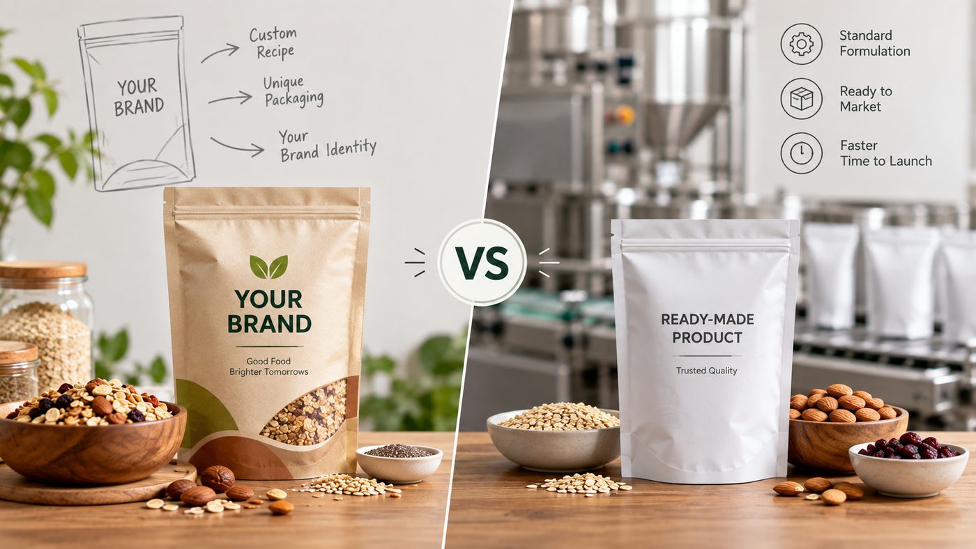 Comparison of a custom private-label brand pouch versus a standard ready-made white-label product