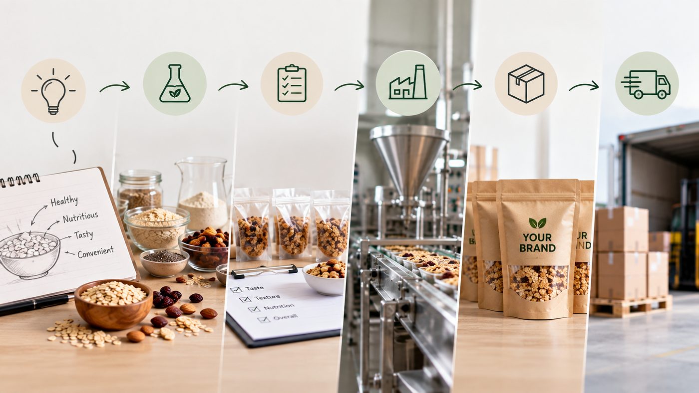 Six-step process from product idea to formulation, quality testing, production, packaging and dispatch
