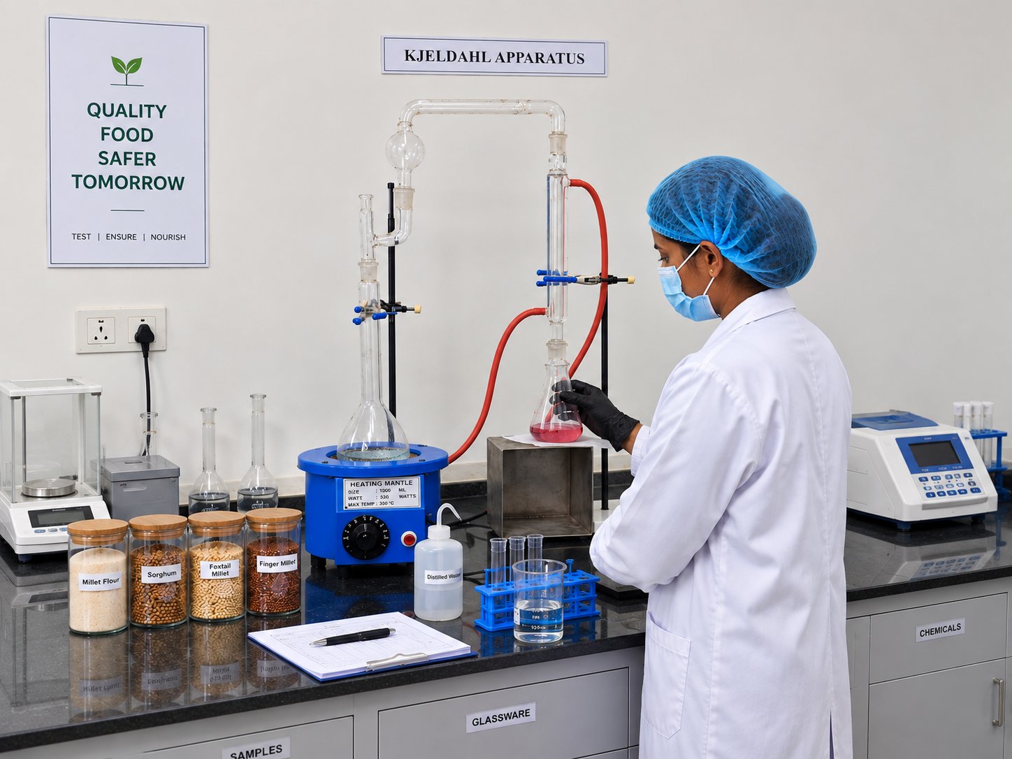 Quality control lab testing at Even More Foods with a Kjeldahl apparatus setup and millet sample jars