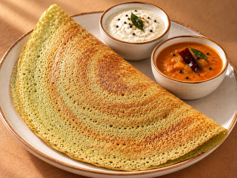 Millet dosa served with coconut chutney and sambar