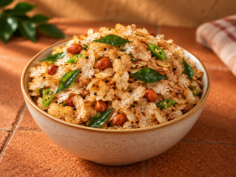Spiced flakes snack mix with peanuts and curry leaves