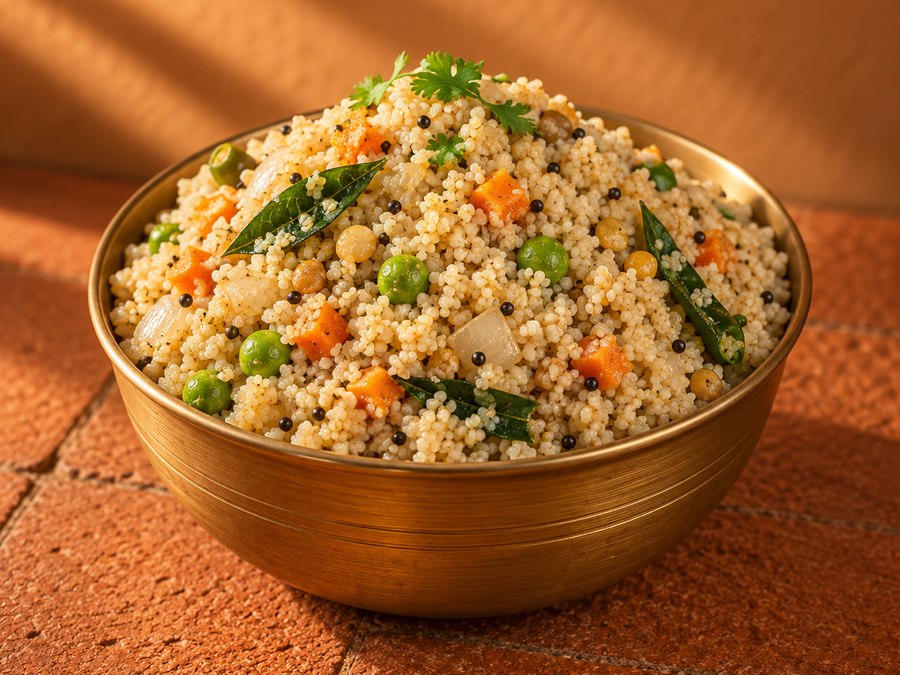 Millet rava upma with mixed vegetables in a brass bowl