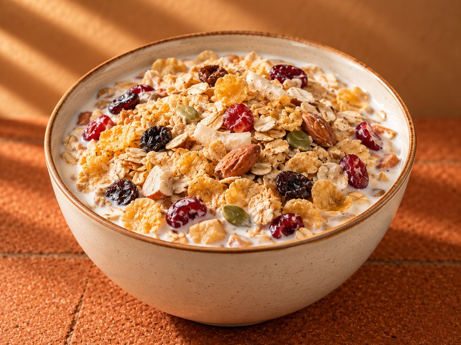 Bowl of muesli with milk, nuts and dried fruit