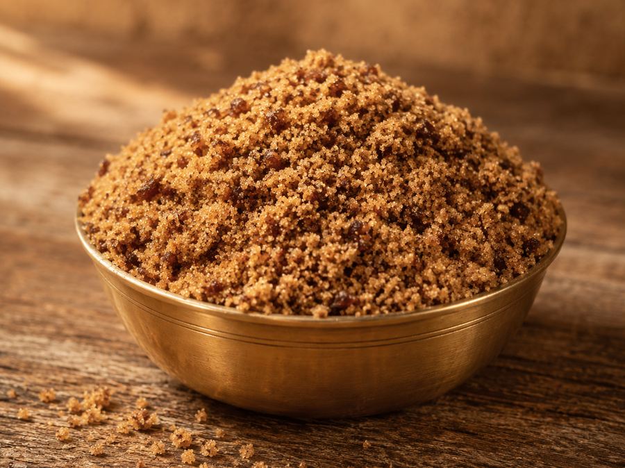 Jaggery powder sweetener in a brass bowl