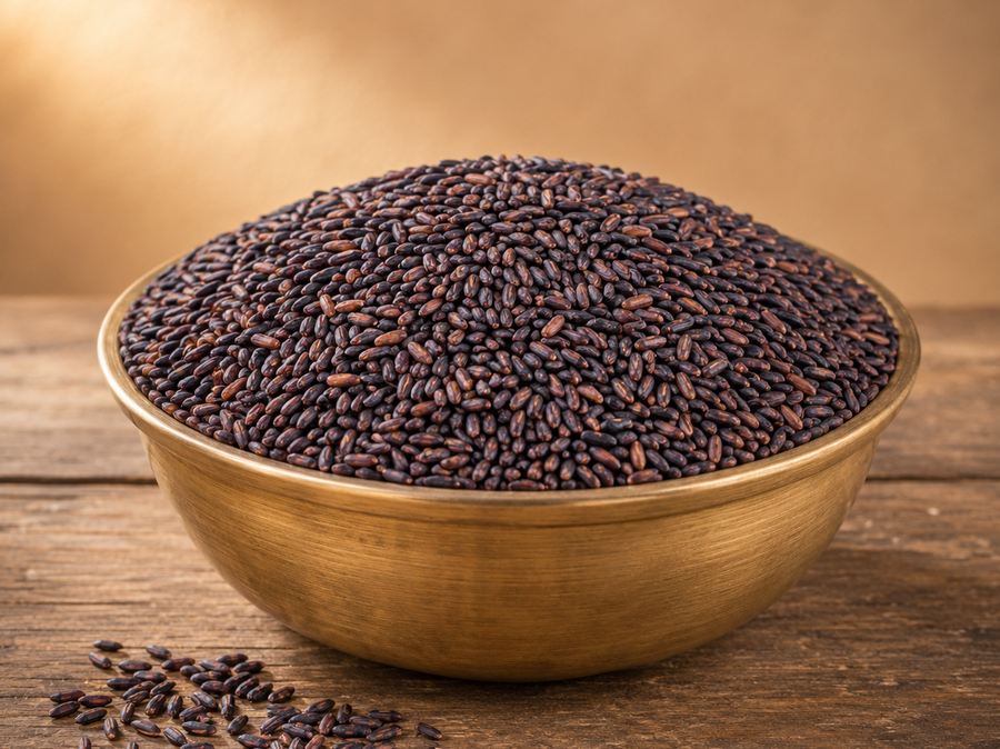 Traditional rice grains in a brass bowl