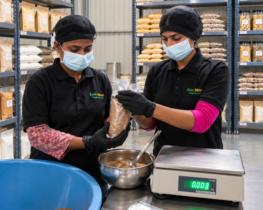 Staff packing product into pouches at a private-label packing station